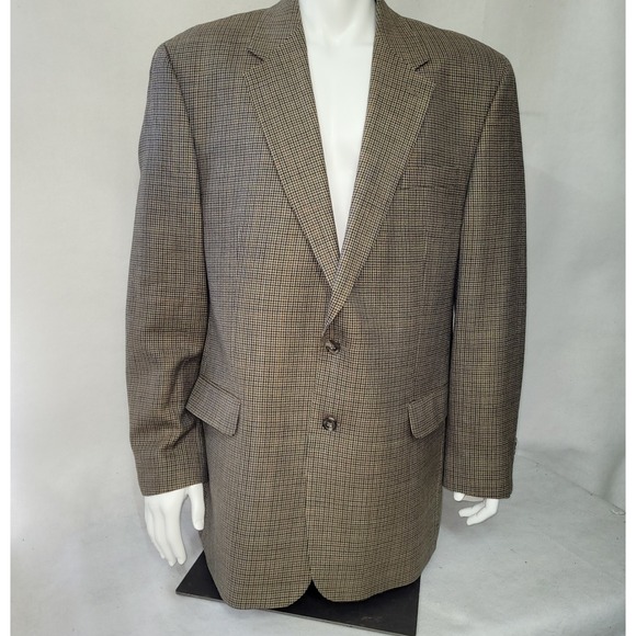 Lauren Ralph Lauren Men Blazer Brown Houndstooth Silk Wool Blend Size 48L Office
